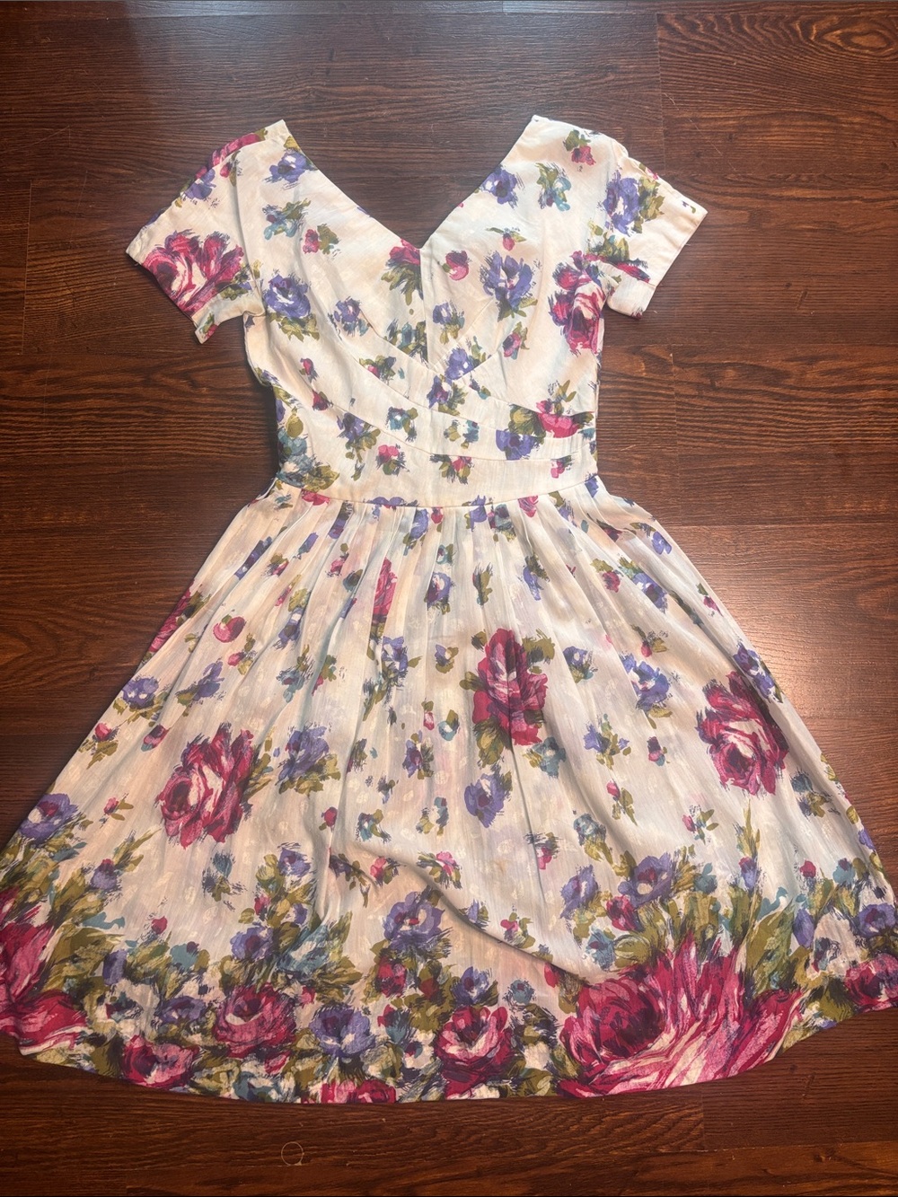 Vintage 1960s Floral V-Neck Fit & Flare Dress - White with Pink & Purple Roses